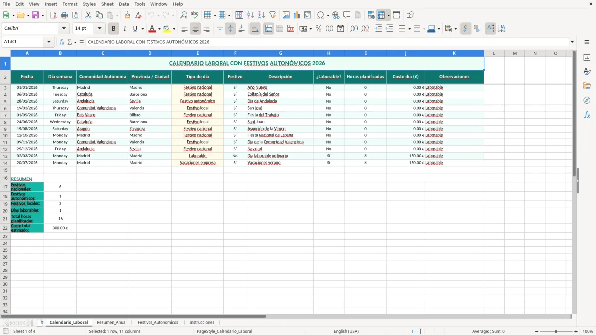 Captura 1: hoja Calendario_Laboral - Plantilla Excel Calendario laboral con festivos autonómicos Excel