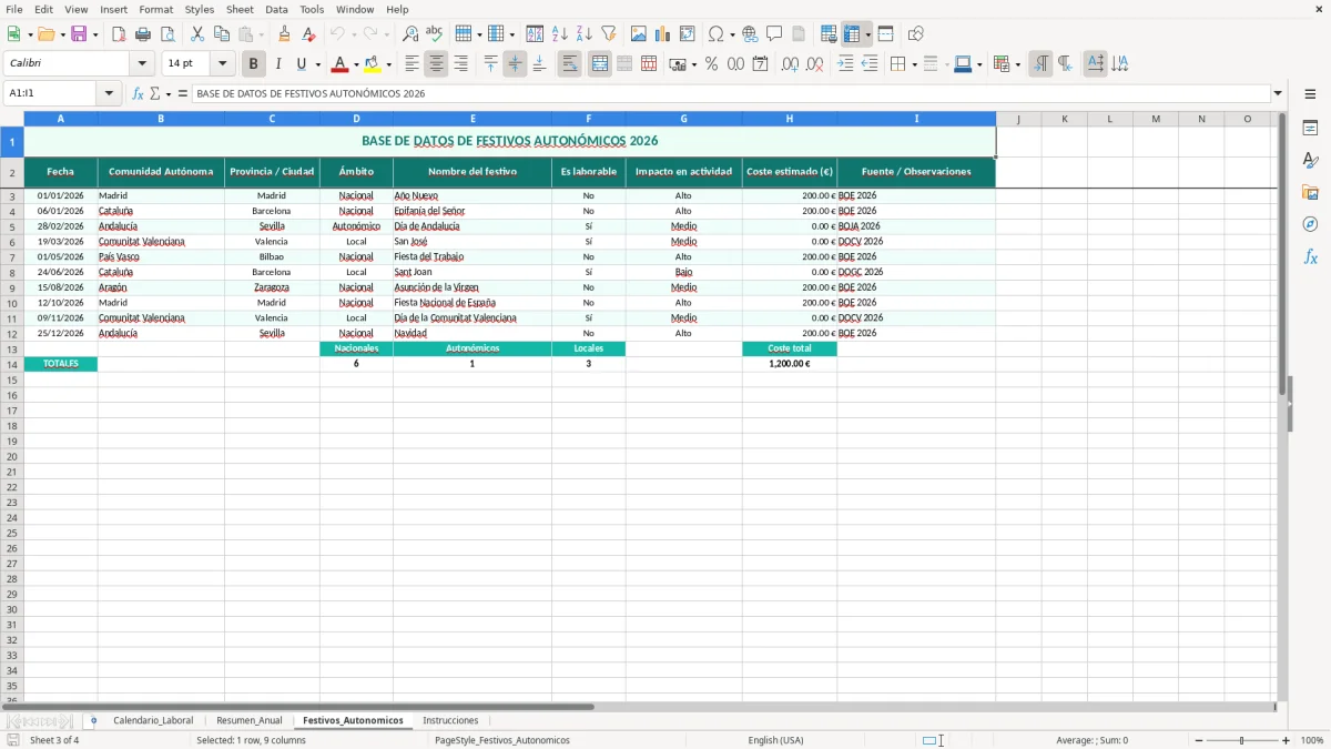 Captura 3: hoja Festivos_Autonomicos - Plantilla Excel Calendario laboral con festivos autonómicos Excel