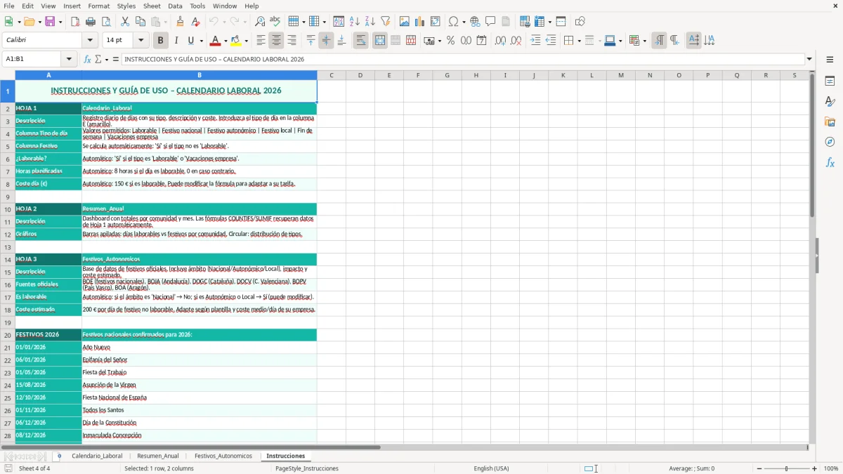 Captura 4: hoja Instrucciones - Plantilla Excel Calendario laboral con festivos autonómicos Excel