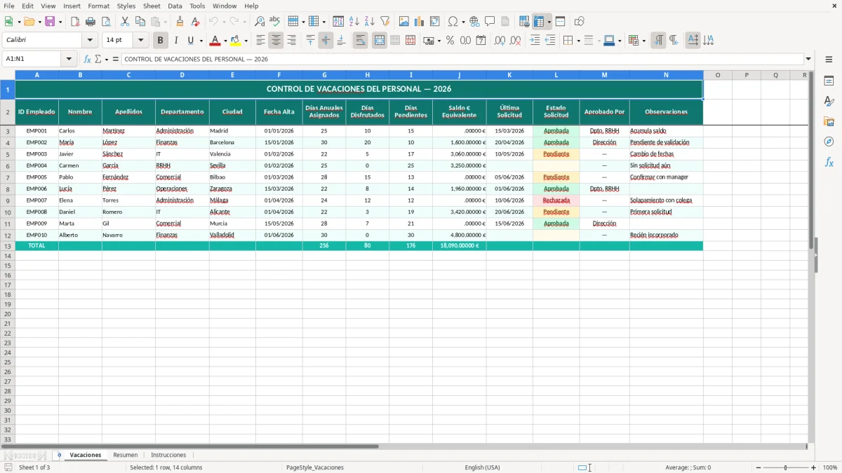 Captura 1: hoja Vacaciones - Plantilla Excel Control de vacaciones del personal Excel