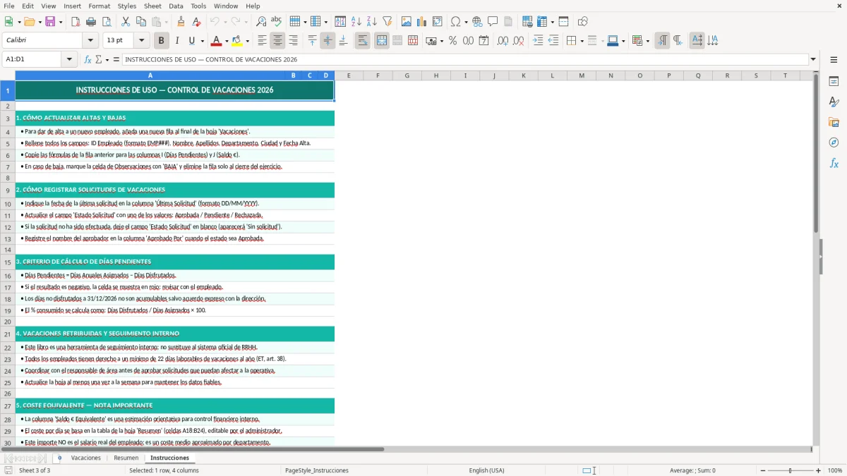 Captura 3: hoja Instrucciones - Plantilla Excel Control de vacaciones del personal Excel
