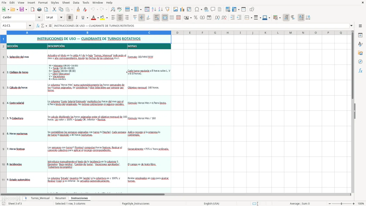 Captura 3: hoja Instrucciones - Plantilla Excel Cuadrante de turnos rotativos mensual Excel