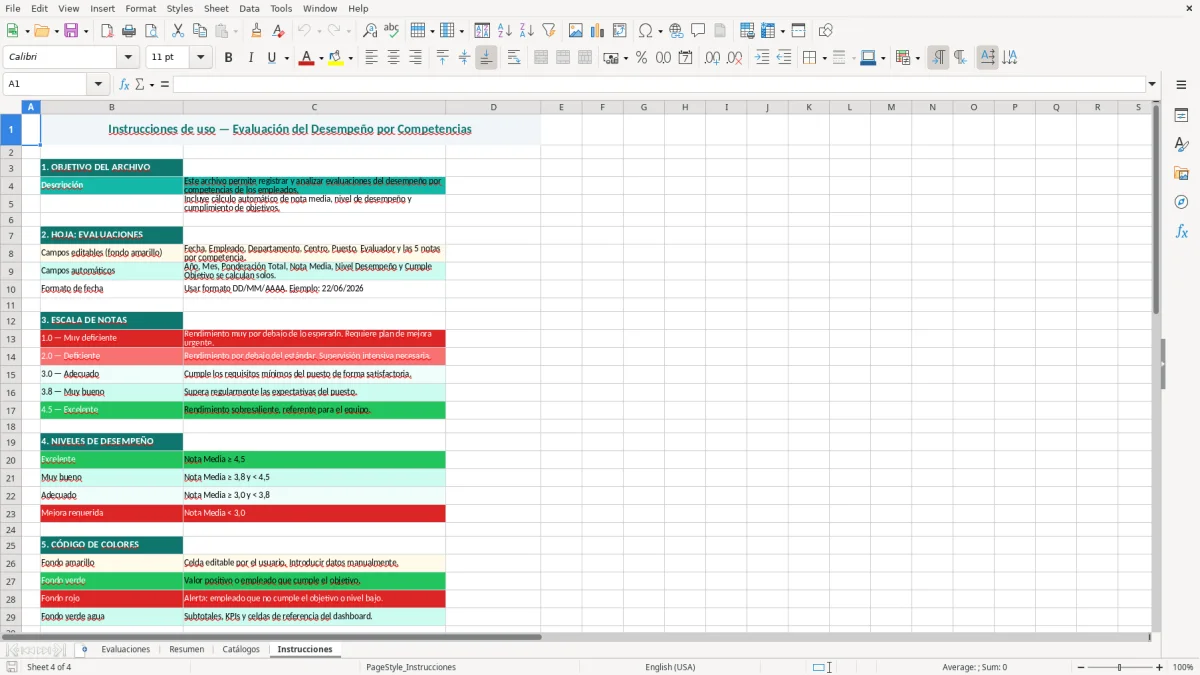 Captura 4: hoja Instrucciones - Plantilla Excel Evaluación del desempeño por competencias Excel