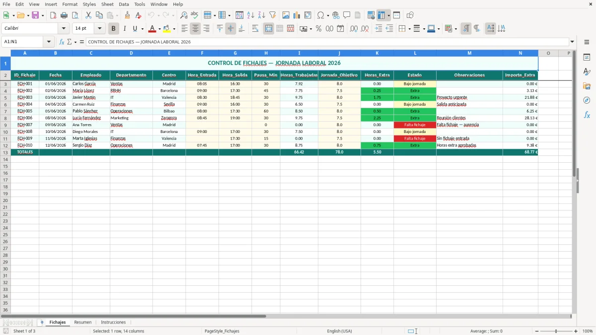 Captura 1: hoja Fichajes - Plantilla Excel Fichaje de entrada y salida Excel