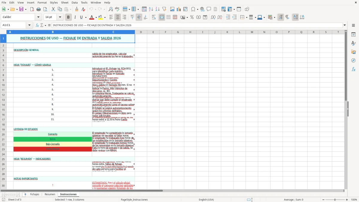 Captura 3: hoja Instrucciones - Plantilla Excel Fichaje de entrada y salida Excel