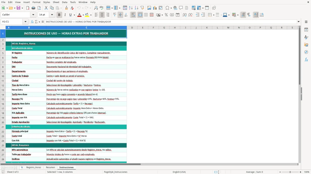 Captura 3: hoja Instrucciones - Plantilla Excel Horas extras realizadas por trabajador Excel