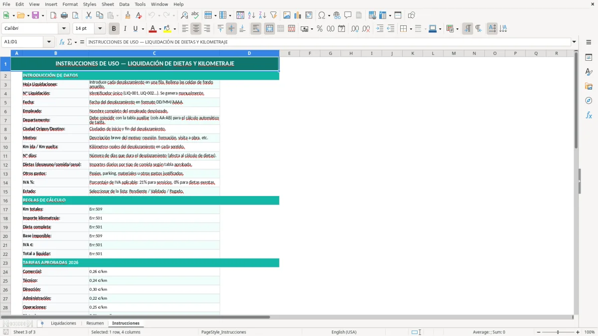 Captura 3: hoja Instrucciones - Plantilla Excel Liquidación de dietas y kilometraje Excel