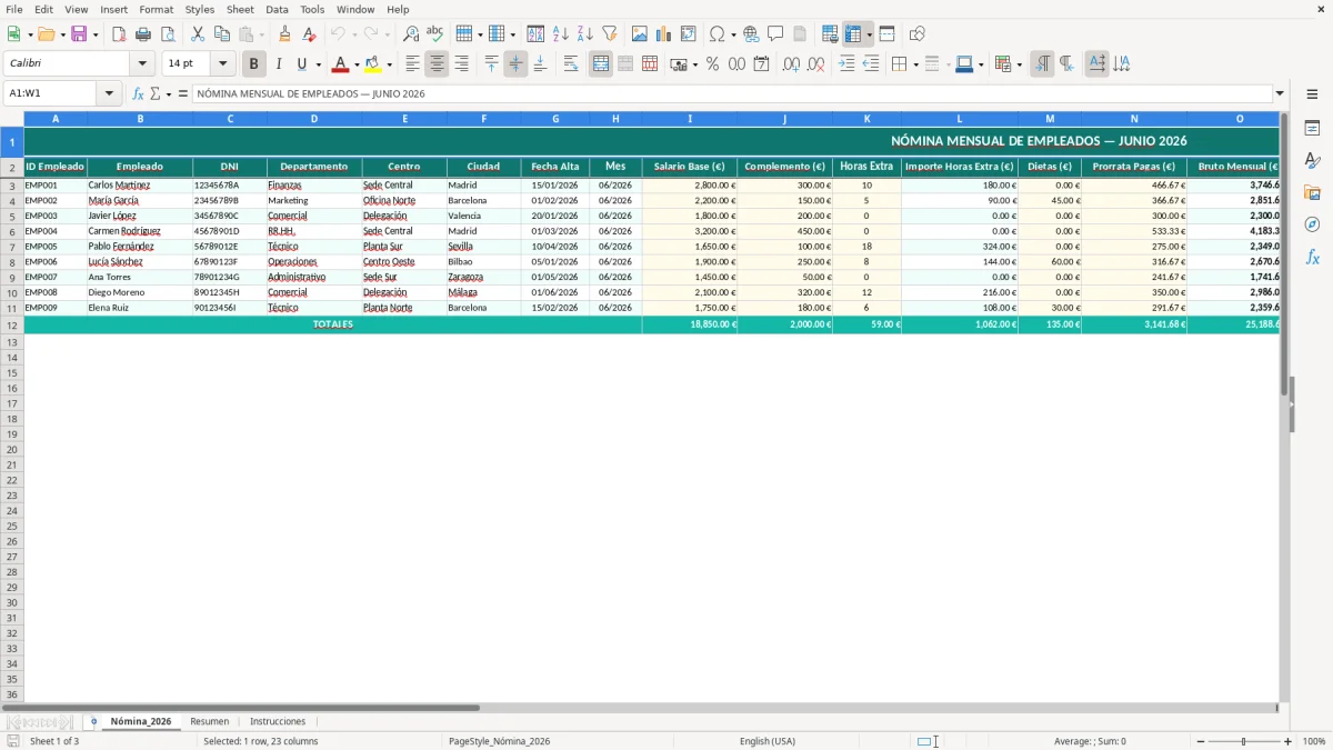 Captura 1: hoja Nómina_2026 - Plantilla Excel Nómina mensual de empleado Excel