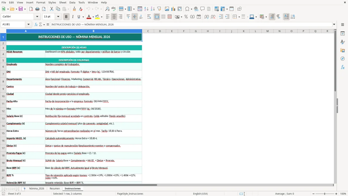 Captura 3: hoja Instrucciones - Plantilla Excel Nómina mensual de empleado Excel