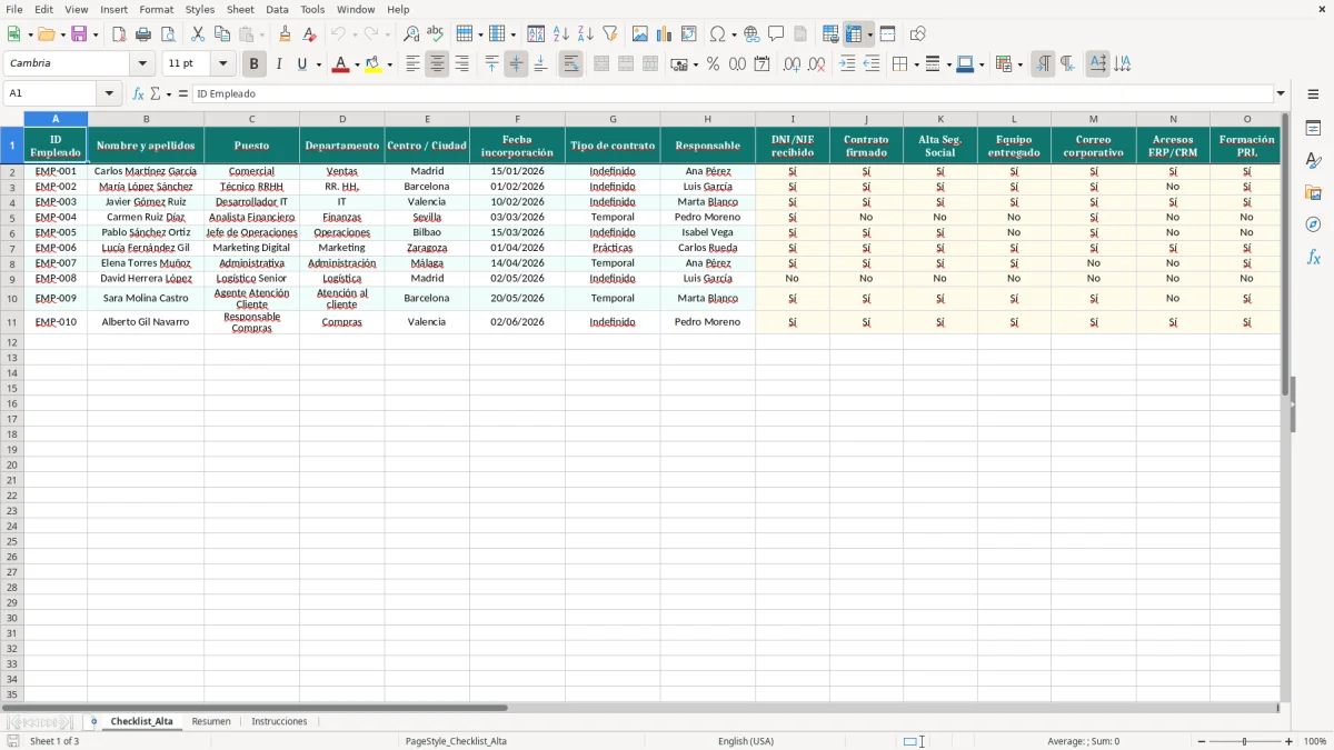 Captura 1: hoja Checklist_Alta - Plantilla Excel Onboarding de nuevo empleado checklist Excel