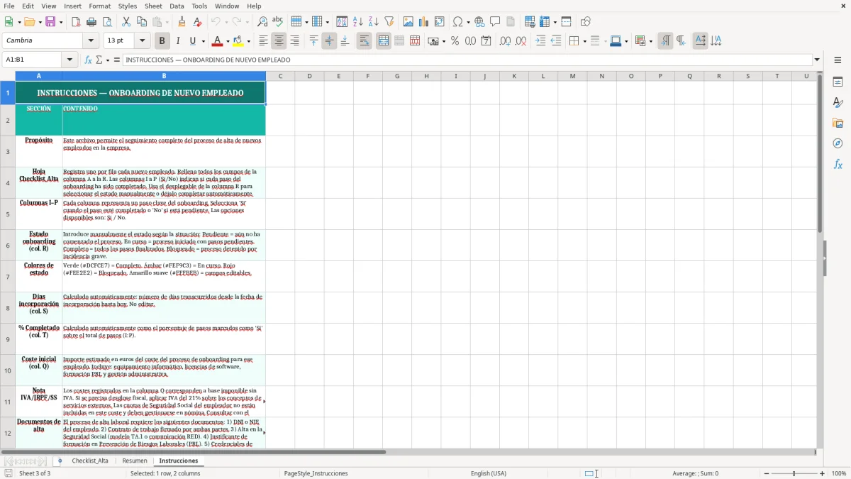 Captura 3: hoja Instrucciones - Plantilla Excel Onboarding de nuevo empleado checklist Excel