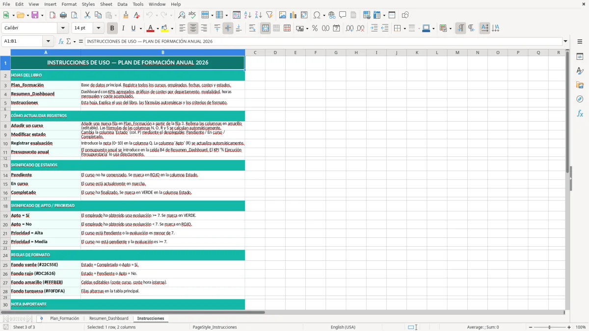 Captura 3: hoja Instrucciones - Plantilla Excel Plan de formación anual empleados Excel