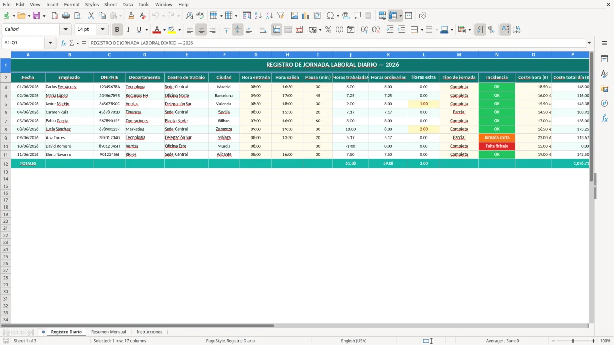 Captura 1: hoja Registro Diario - Plantilla Excel Registro de jornada laboral diario Excel