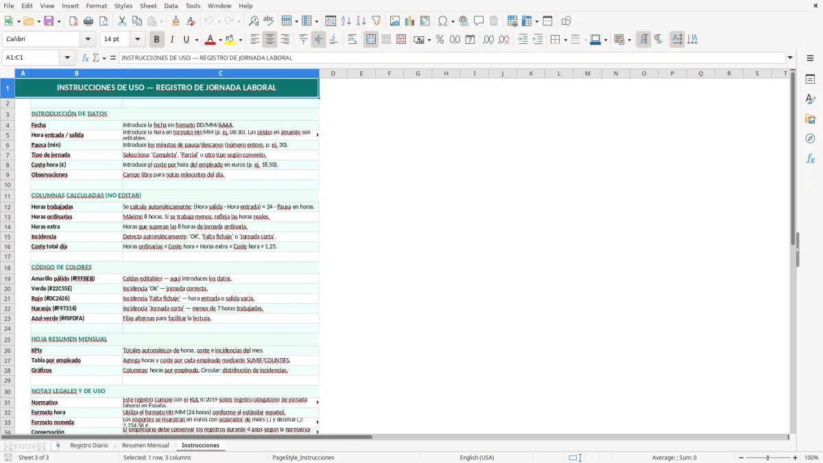 Captura 3: hoja Instrucciones - Plantilla Excel Registro de jornada laboral diario Excel