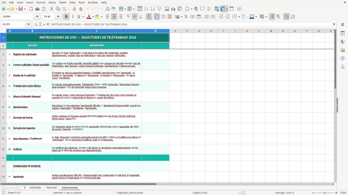 Captura 3: hoja Instrucciones - Plantilla Excel Solicitud de teletrabajo del empleado Excel