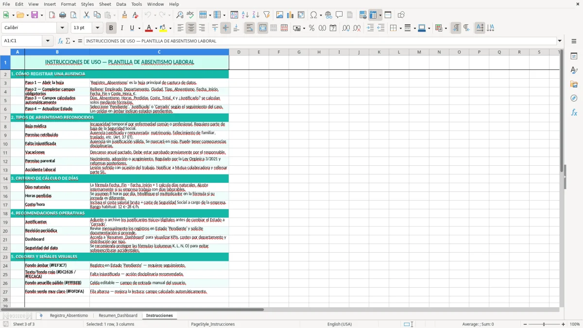 Captura 3: hoja Instrucciones - Plantilla Excel plantilla absentismo laboral excel