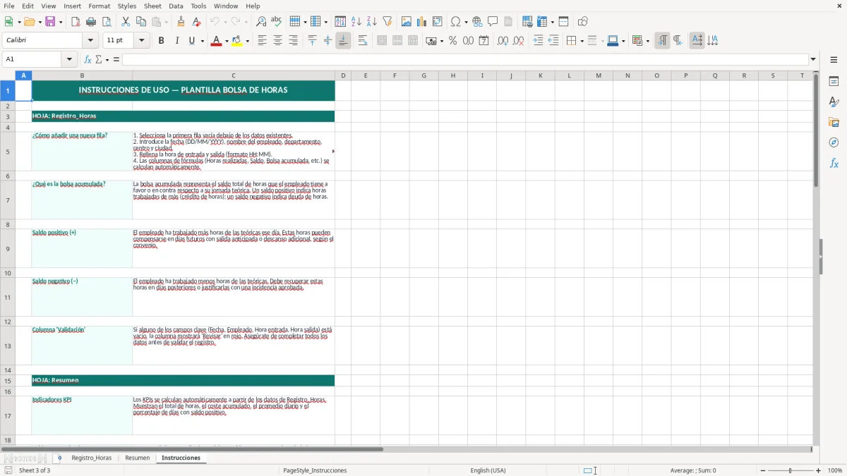 Captura 3: hoja Instrucciones - Plantilla Excel plantilla bolsa de horas excel