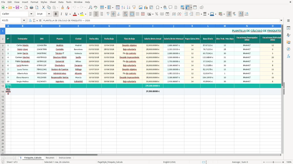 Captura 1: hoja Finiquito_Calculo - Plantilla Excel plantilla calculo de finiquito excel