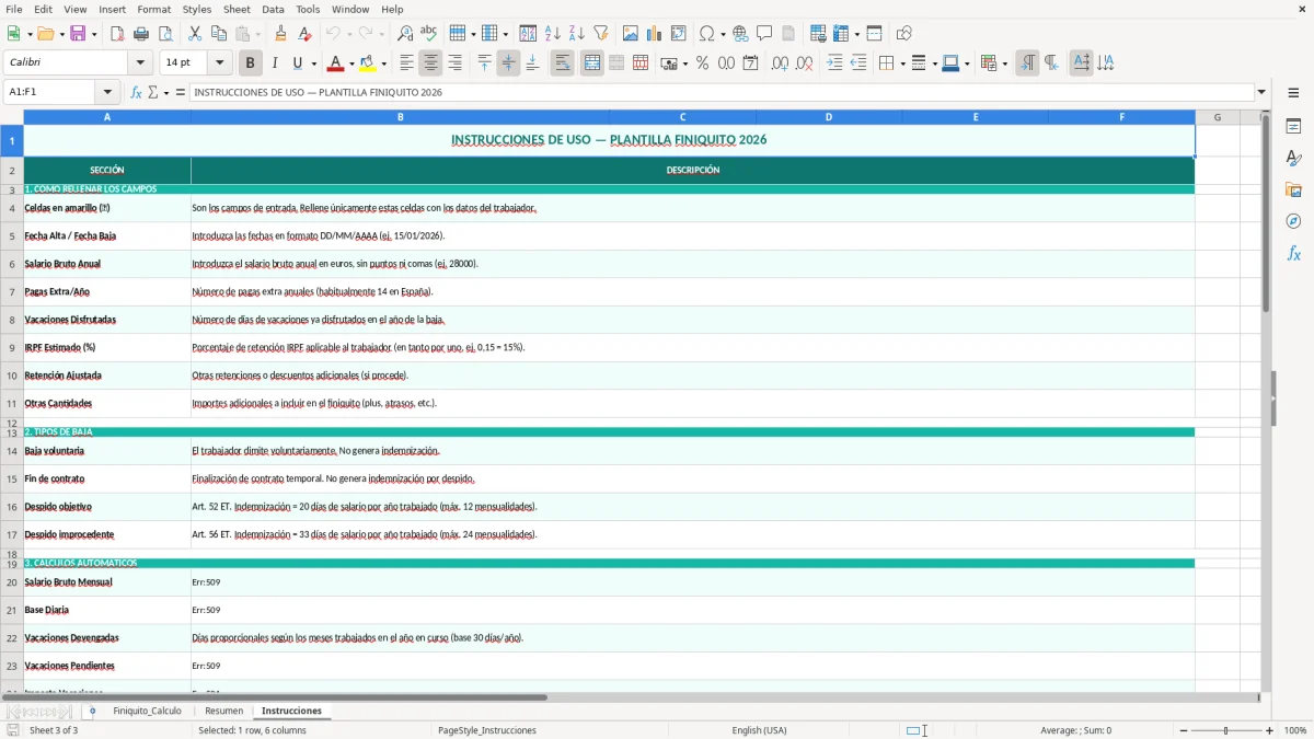 Captura 3: hoja Instrucciones - Plantilla Excel plantilla calculo de finiquito excel