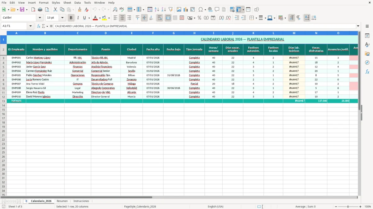Captura 1: hoja Calendario_2026 - Plantilla Excel plantilla calendario laboral empresa excel