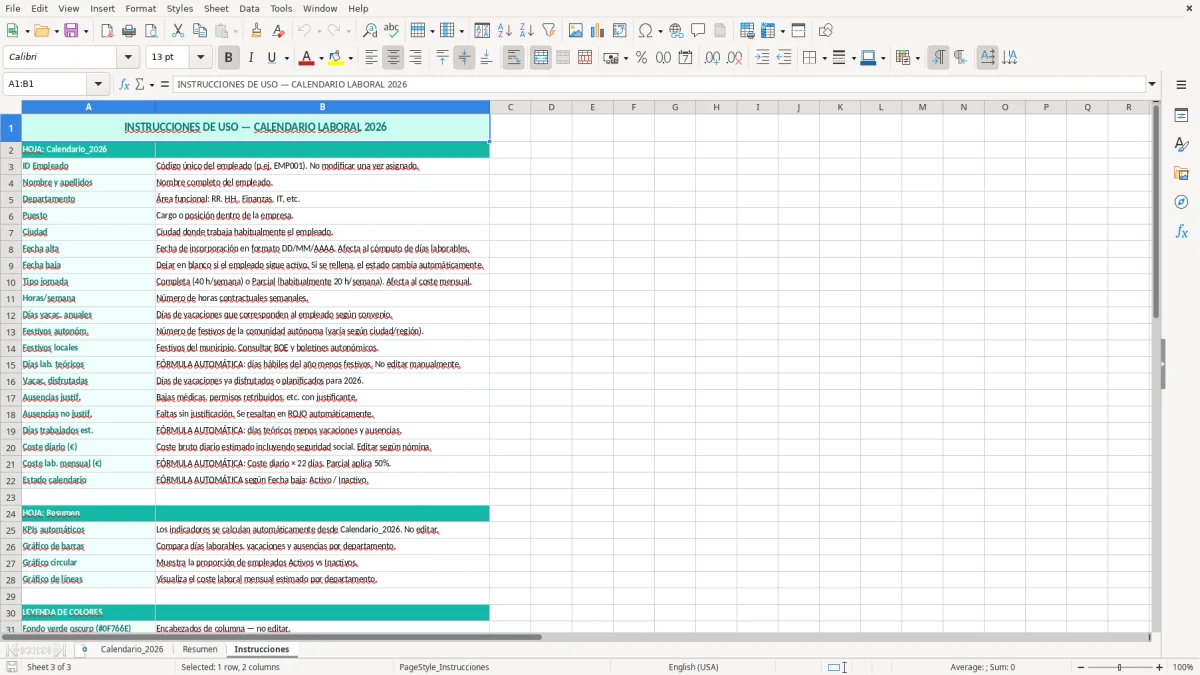 Captura 3: hoja Instrucciones - Plantilla Excel plantilla calendario laboral empresa excel