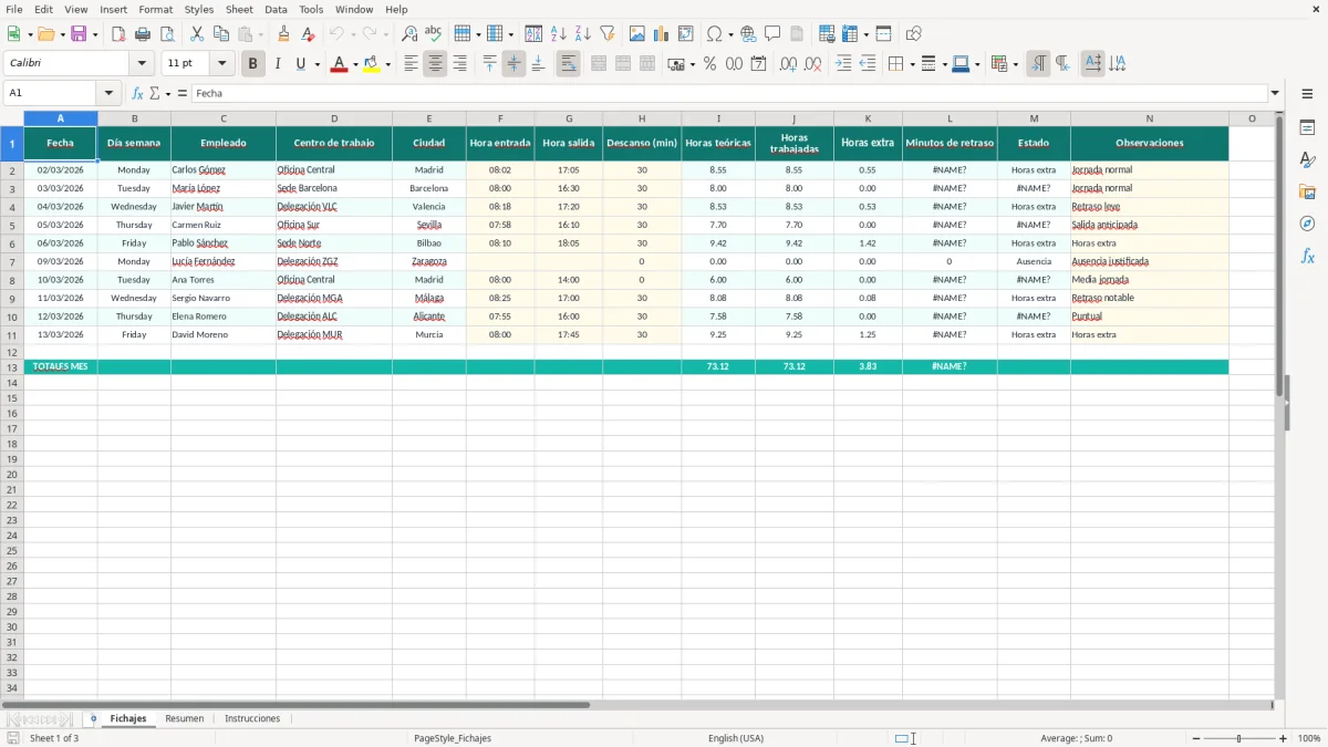Captura 1: hoja Fichajes - Plantilla Excel plantilla control de fichajes excel