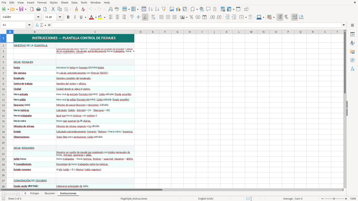 Captura 3: hoja Instrucciones - Plantilla Excel plantilla control de fichajes excel