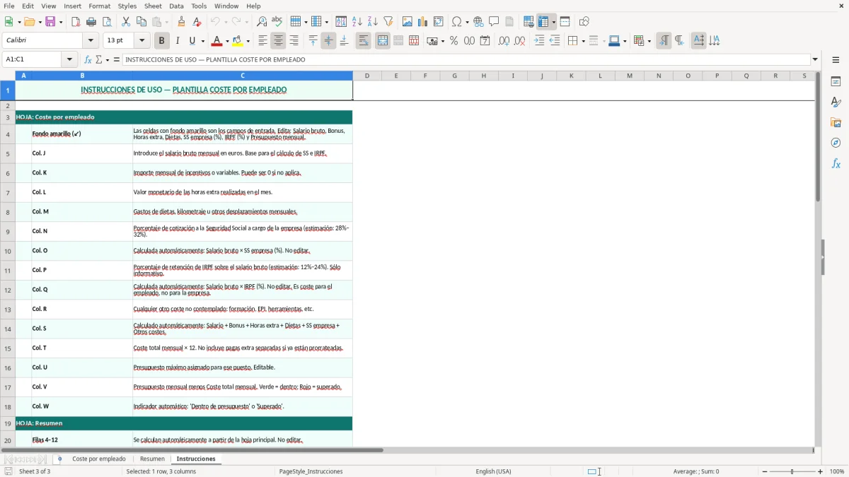 Captura 3: hoja Instrucciones - Plantilla Excel plantilla coste por empleado excel