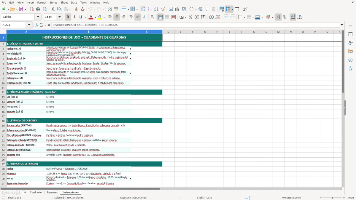 Captura 3: hoja Instrucciones - Plantilla Excel plantilla cuadrante de guardias excel