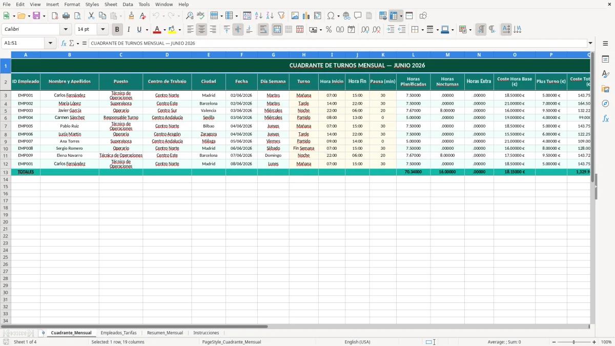 Captura 1: hoja Cuadrante_Mensual - Plantilla Excel plantilla cuadrante de turnos mensual excel