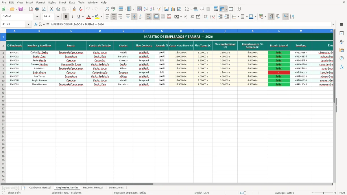 Captura 2: hoja Empleados_Tarifas - Plantilla Excel plantilla cuadrante de turnos mensual excel