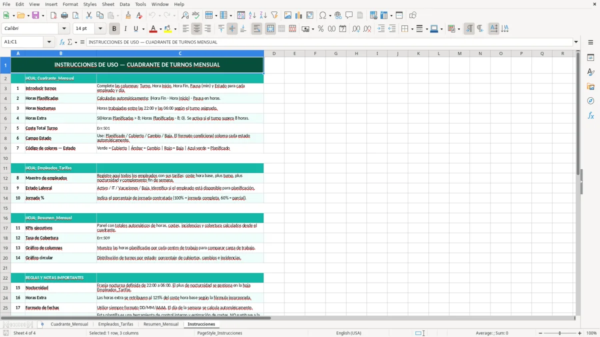 Captura 4: hoja Instrucciones - Plantilla Excel plantilla cuadrante de turnos mensual excel