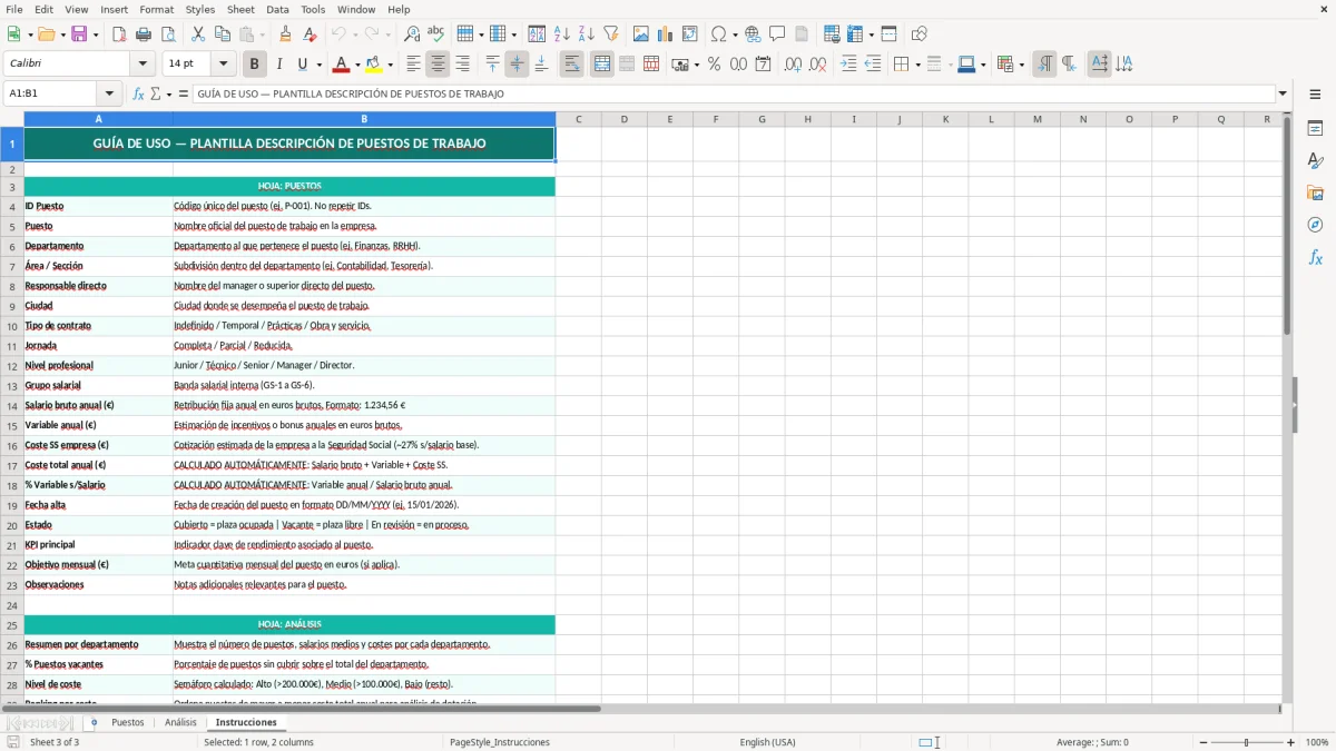 Captura 3: hoja Instrucciones - Plantilla Excel plantilla descripcion puesto de trabajo excel