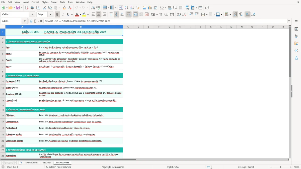 Captura 3: hoja Instrucciones - Plantilla Excel plantilla evaluacion del desempeño excel