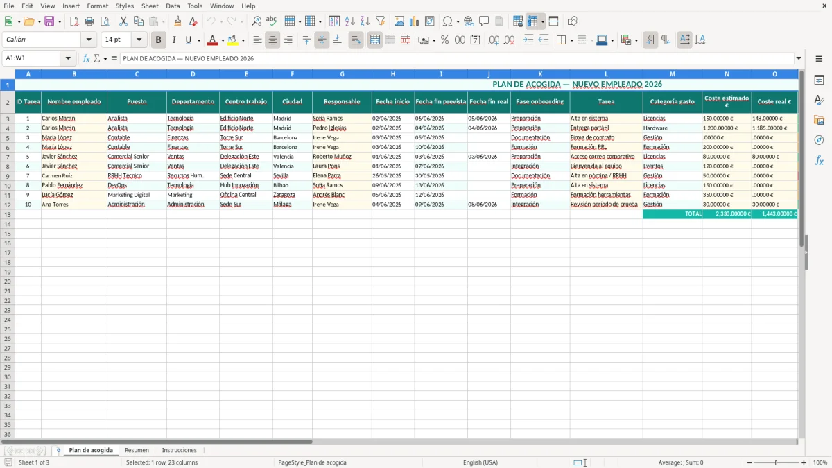 Captura 1: hoja Plan de acogida - Plantilla Excel plantilla plan de acogida nuevo empleado excel