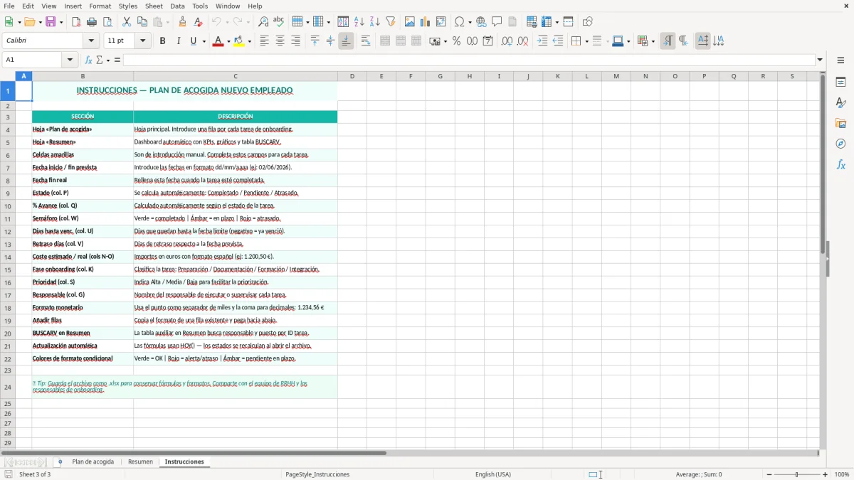 Captura 3: hoja Instrucciones - Plantilla Excel plantilla plan de acogida nuevo empleado excel