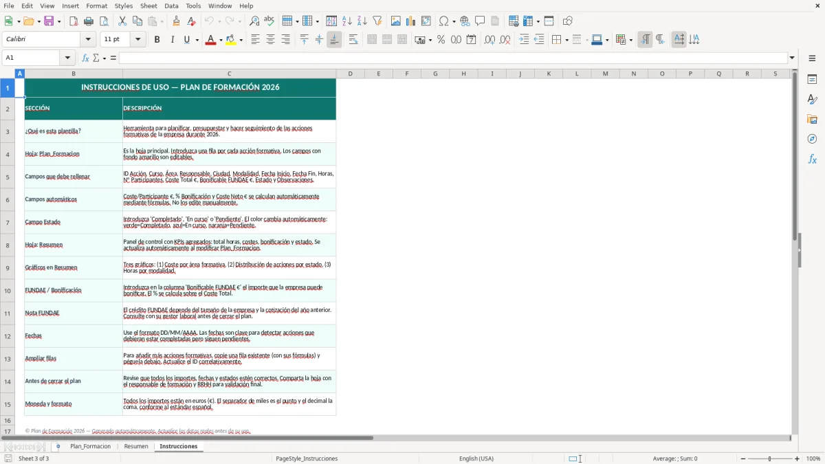 Captura 3: hoja Instrucciones - Plantilla Excel plantilla plan de formacion excel