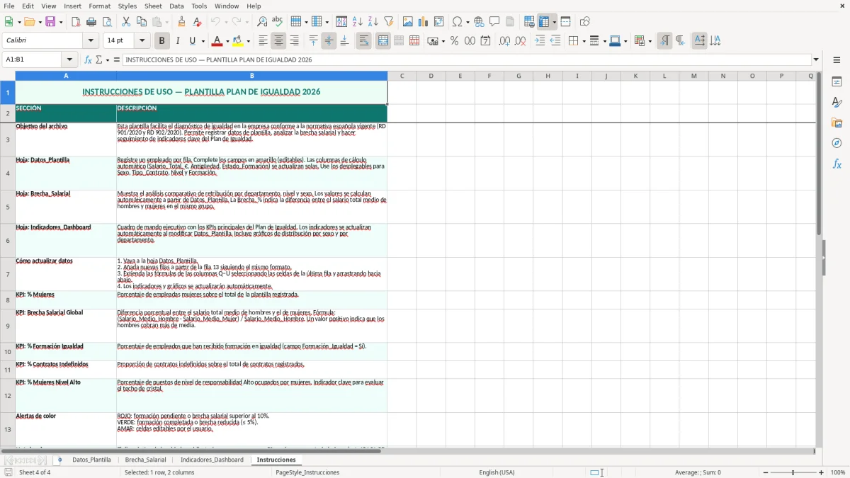 Captura 4: hoja Instrucciones - Plantilla Excel plantilla plan de igualdad excel