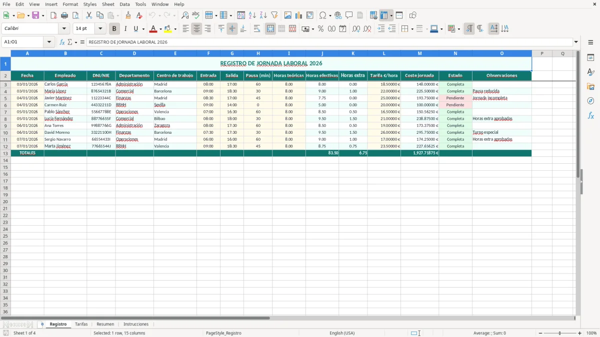 Captura 1: hoja Registro - Plantilla Excel plantilla registro de jornada laboral excel