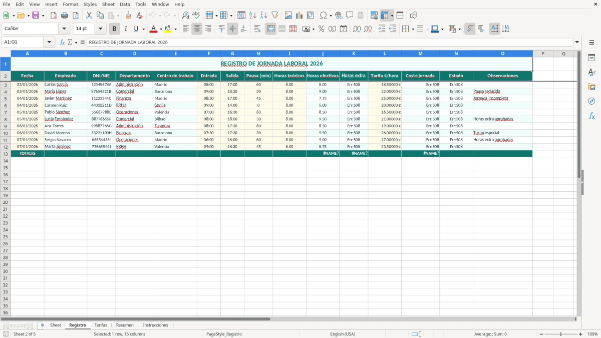 Captura 2: hoja Registro - Plantilla Excel plantilla registro de jornada laboral excel
