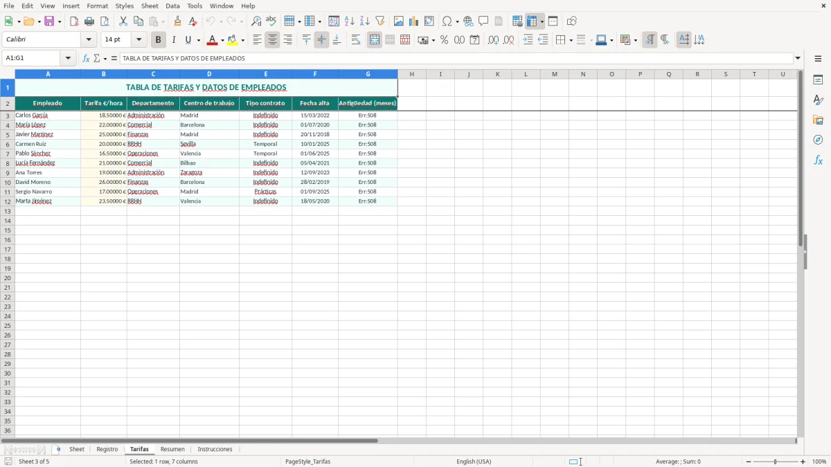 Captura 3: hoja Tarifas - Plantilla Excel plantilla registro de jornada laboral excel