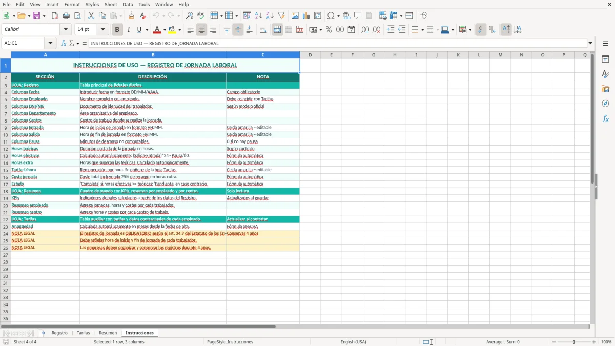 Captura 4: hoja Instrucciones - Plantilla Excel plantilla registro de jornada laboral excel