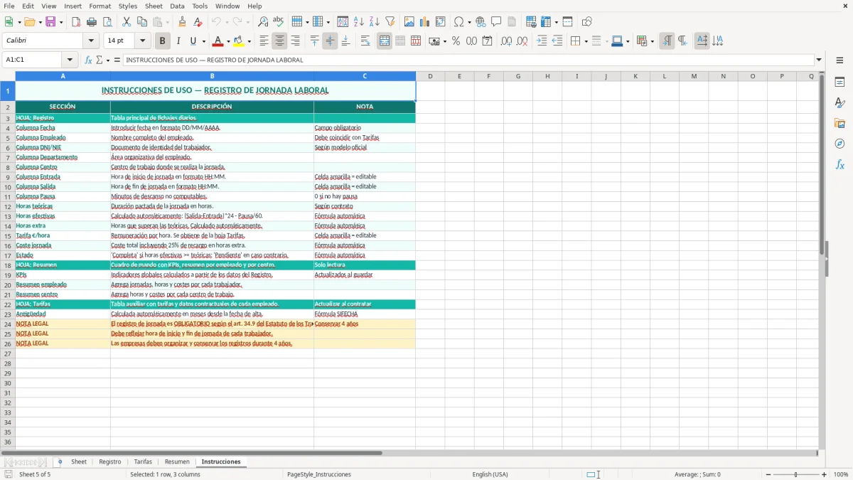 Captura 5: hoja Instrucciones - Plantilla Excel plantilla registro de jornada laboral excel