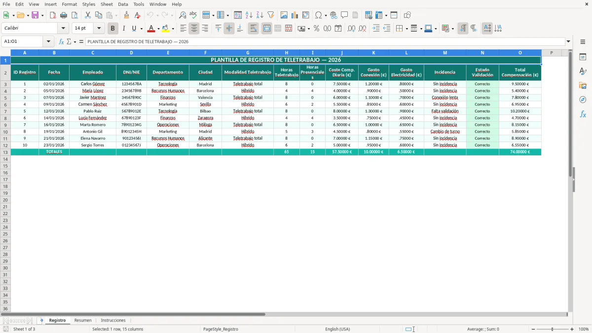 Captura 1: hoja Registro - Plantilla Excel plantilla registro de teletrabajo excel