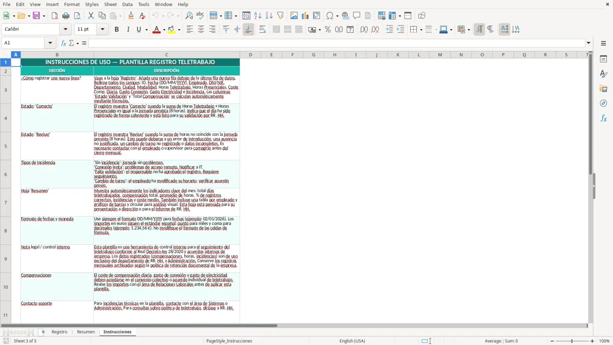 Captura 3: hoja Instrucciones - Plantilla Excel plantilla registro de teletrabajo excel
