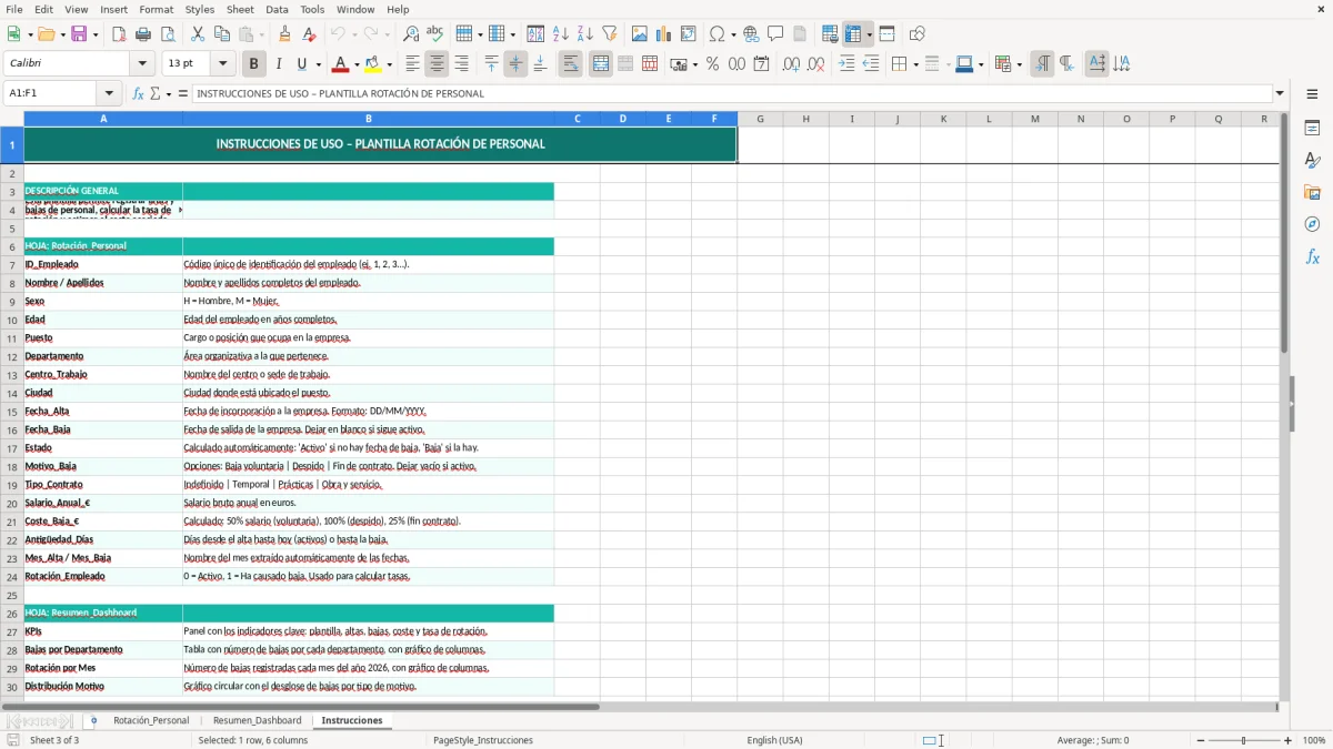 Captura 3: hoja Instrucciones - Plantilla Excel plantilla rotacion de personal excel