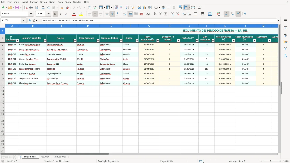 Captura 1: hoja Seguimiento - Plantilla Excel plantilla seguimiento periodo de prueba excel
