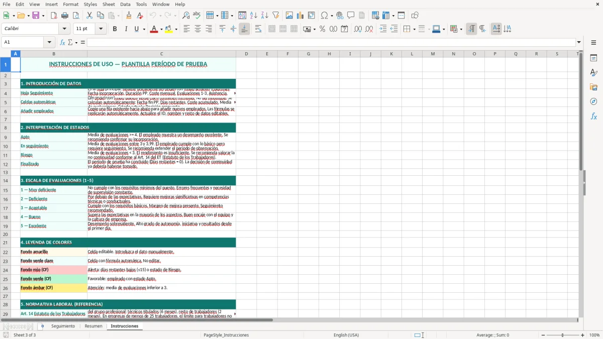 Captura 3: hoja Instrucciones - Plantilla Excel plantilla seguimiento periodo de prueba excel