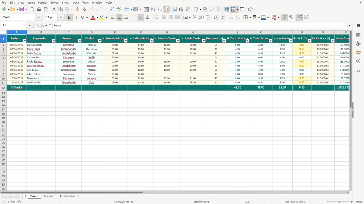 Captura 1: hoja Turnos - Plantilla Excel plantilla turno partido excel
