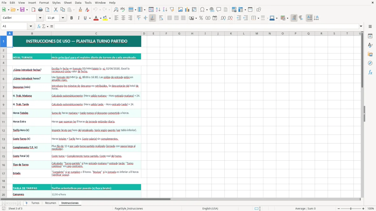 Captura 3: hoja Instrucciones - Plantilla Excel plantilla turno partido excel